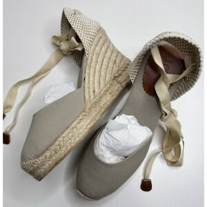 J. Crew Beige Espadrille Wedge Sandals Tie Ankle Made in Spain Size 10 NEW